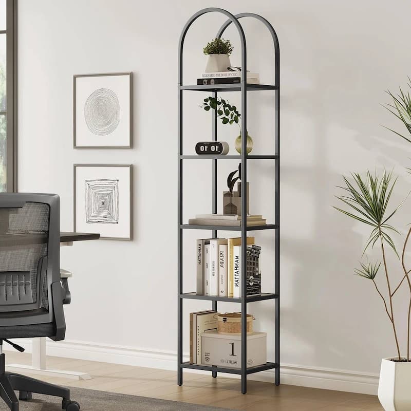 Arched Top Metal Display Rack Narrow Bookcase with 5 Glass Storage Shelves