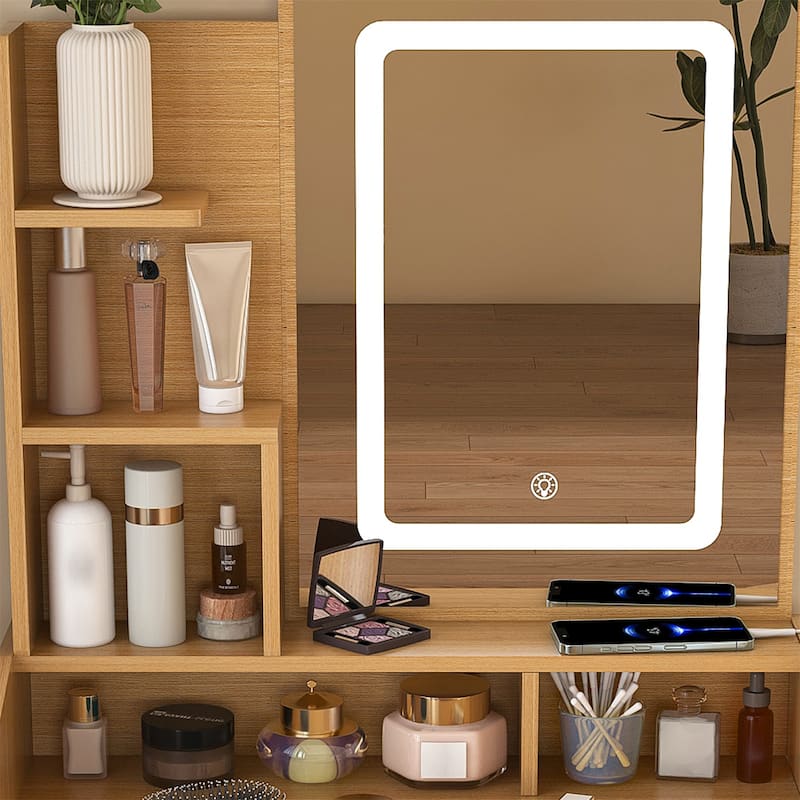 Vanity Table with LED-Illuminated Mirror, Power Outlet, Hairdryer Holder & Stool