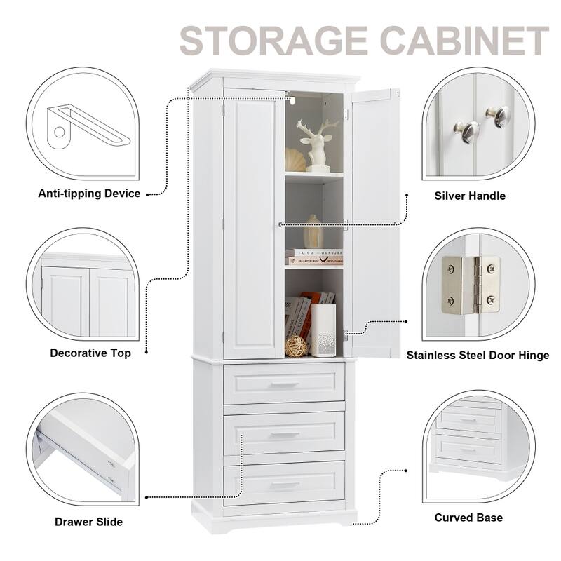 70'' Tall Storage Cabinet with 3 Drawers for Bathroom/Office - 24''×15.7''×70''