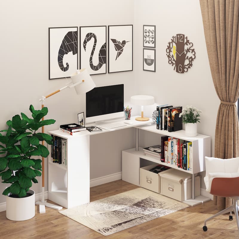 HOMCOM 55" Rotating Corner Computer Desk: L-Shaped Workstation, Storage Shelves