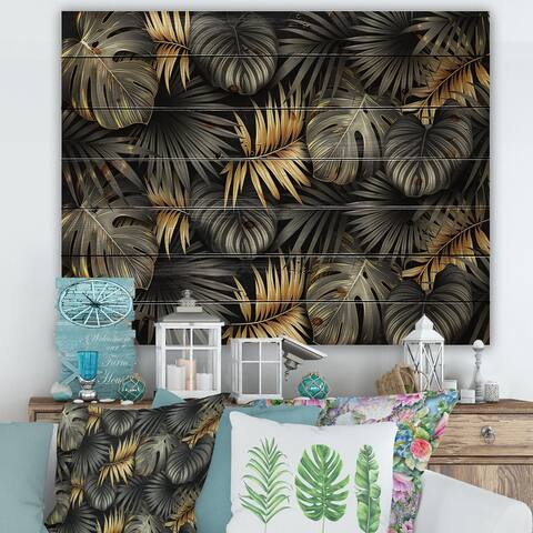 Designart 'Black and Gold Tropical Leaves II' Modern Print on Natural Pine Wood
