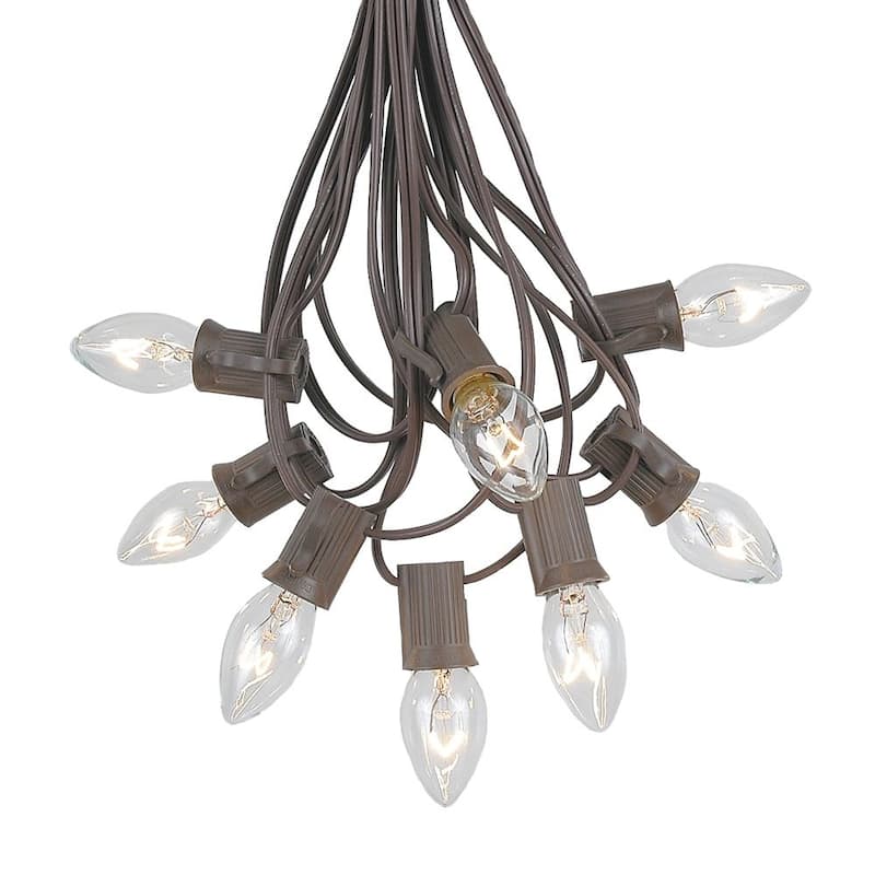 25 Foot C7 Christmas Light Set, Hanging Patio String Lights, Brown Wire - Clear