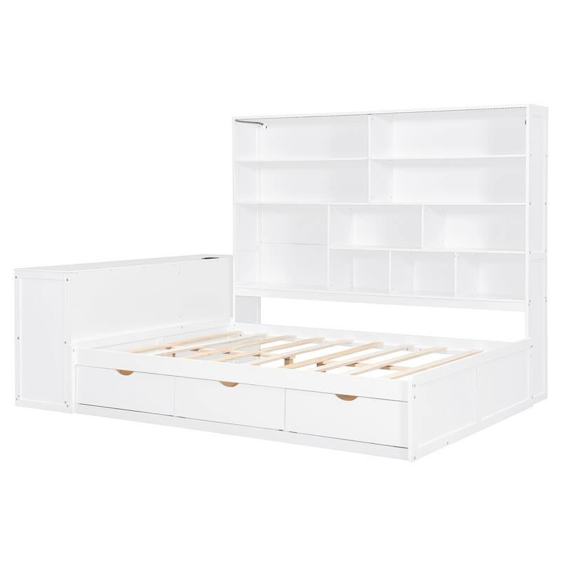 Modern Full Size Wooden Daybed with Built-In Desk, 3 Storage Drawers & Open Compartment Shelving by Harper&Bright Designs
