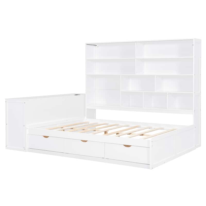 Modern Storage Bed Frame with 3 Drawers, All-in-One Bookshelf, Desk, Full Size Daybed with Wood Slats Support for Bedroom
