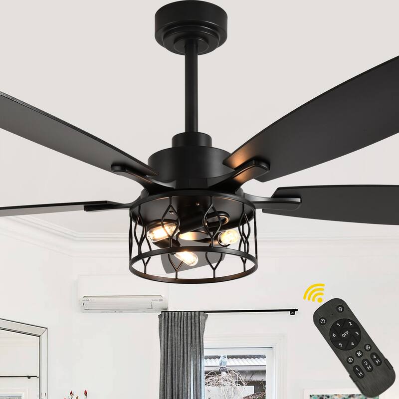 Bella Depot 52" Modern Gold Ceiling Fan with Light and Remote 6-Speed Large Caged Ceiling Fan - Black