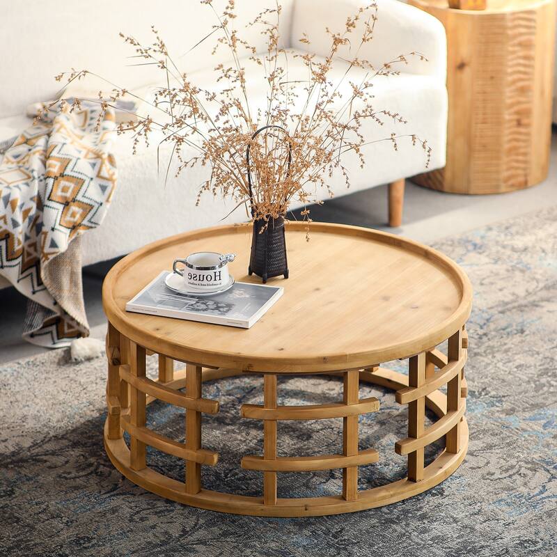 31.5" Round Boho Coffee Table - Rustic Farmhouse Accent Table with Open-Frame Base, Solid Wood Finish Cocktail Table
