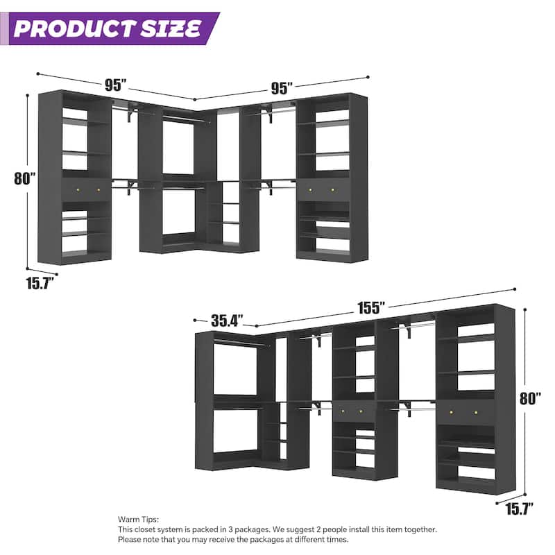 Zyntex Corner Closet System with 2 Wooden Drawers and 6 Hanging Rods, Freestanding Walk-in Closet Organizer with Storage Shelves