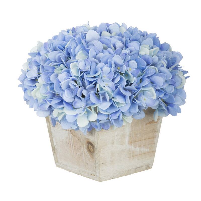 Faux Hydrangea in White Washed Wood Cube Planter - Blue