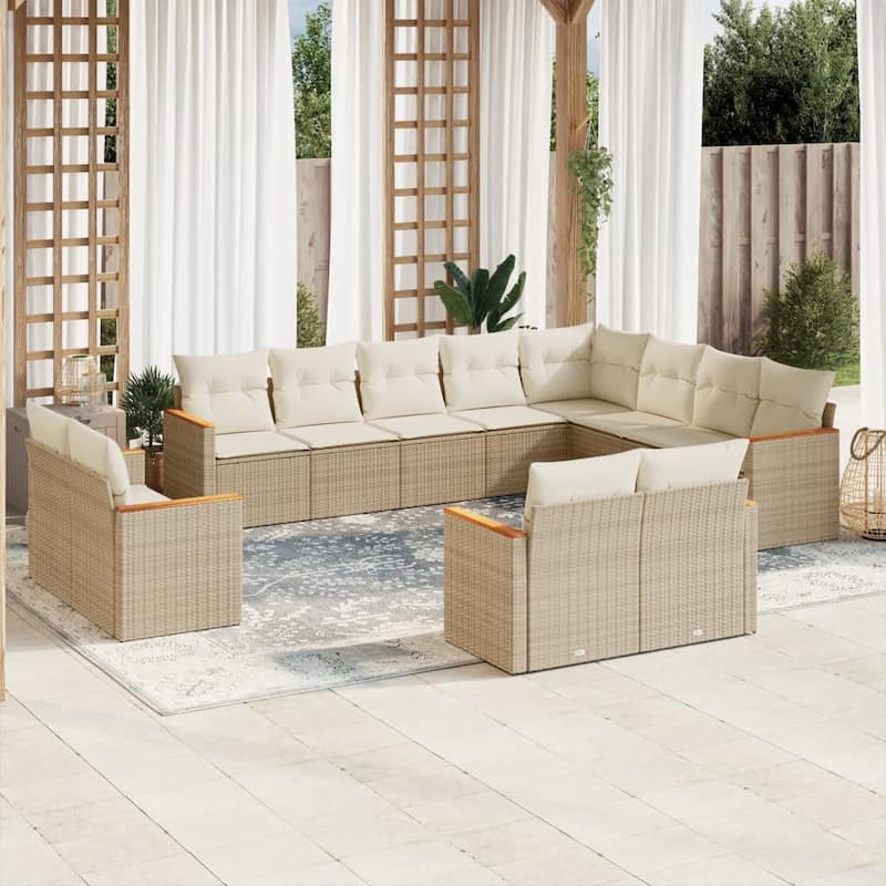 vidaXL Patio Sofa Set with Cushions Outdoor Conversation Furniture Poly Rattan - 24.4 x 24.4 x 27.2 in - Beige without table