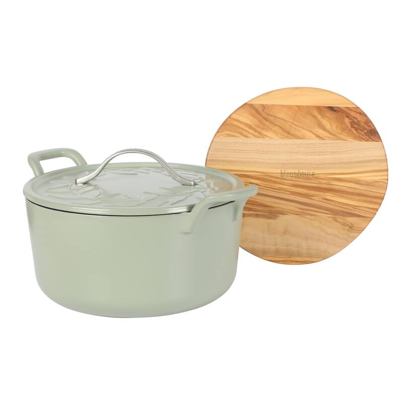 Bloomhouse 7 Qt Cast Iron Dutch Oven W/ Embossed Lid, European Matte Enamel, & Olive Wood Trivet