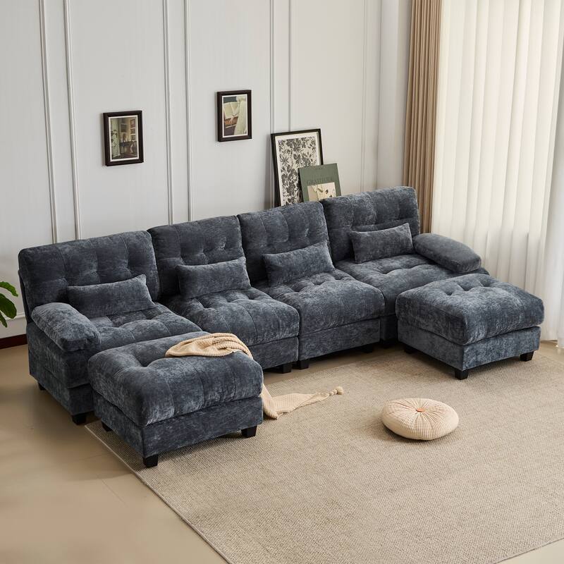 GDFStudio - 4-Seater Adjustable Backrest 119" Chenille Sofa with 2 Ottomans and 4 Throw Pillows - Blue