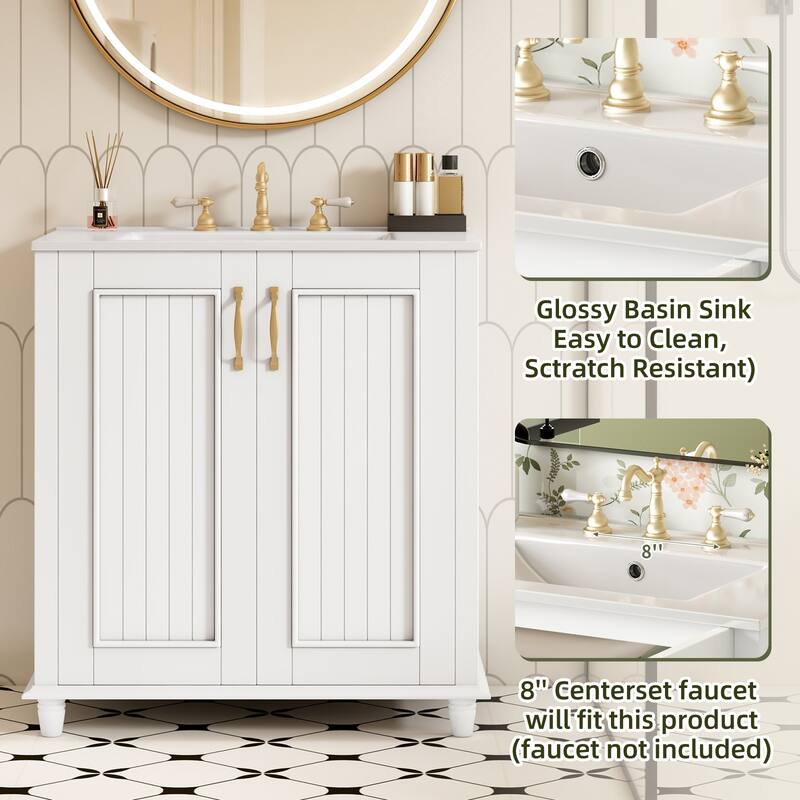 30 Inch Bathroom Vanity with Ceramic Sink, Freestanding Bathroom Vanity Set with Hidden Drawer, Storage Cabinet