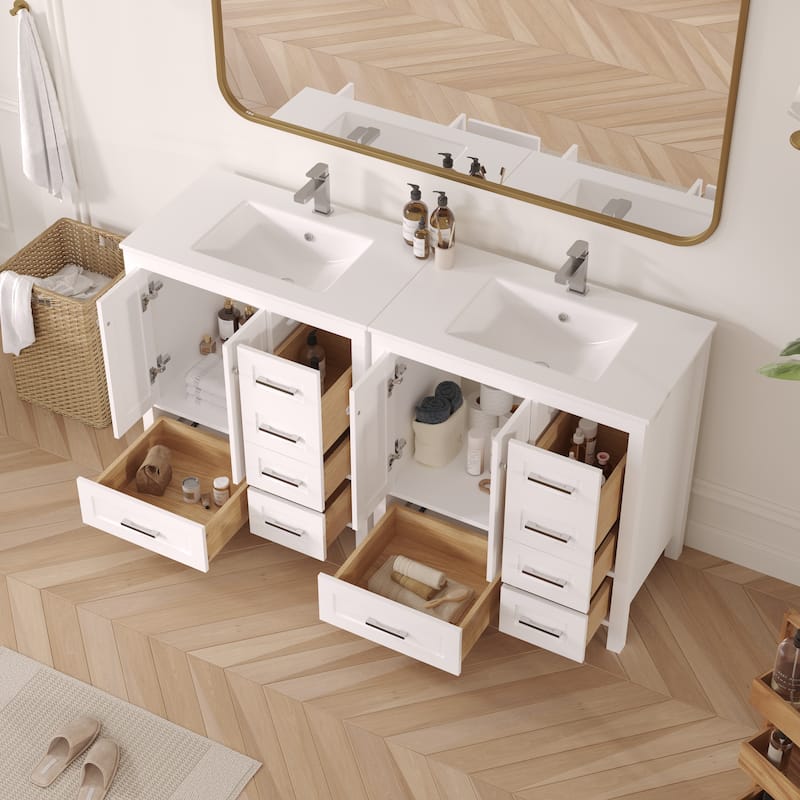 EROMMY All-in-One Bathroom Vanity with Ceramic Sink, Soft-Close Storage Cabinet & Drawer, Glossy Countertop, White