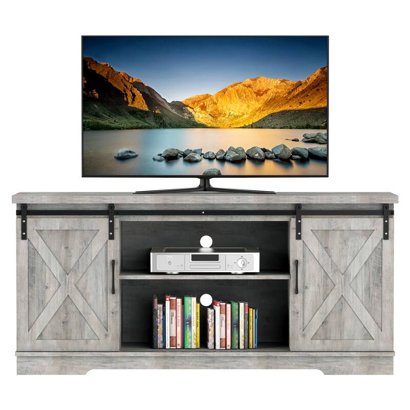 TV Stand for 65" TV with Barn Doors, Storage and Shelves