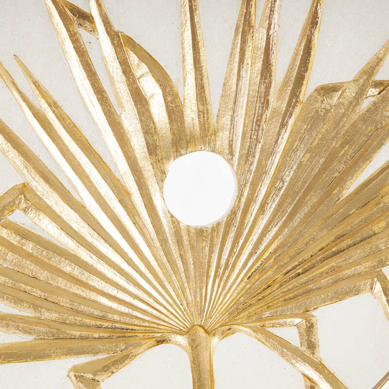 Gold Polystone Round Disk Leaf Decorative Sculpture with Center Cutout and Gold Base