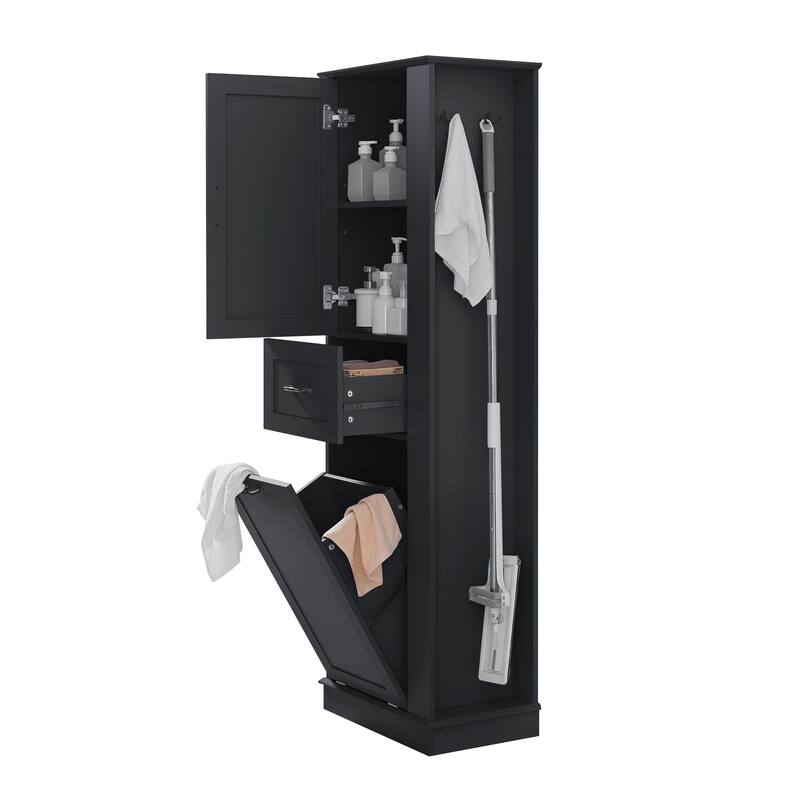 Modern Tall Storage Cabinet - Tilt-Out Compartment, Adjustable Shelves, 80LBS Capacity, Soft-Close Hinges