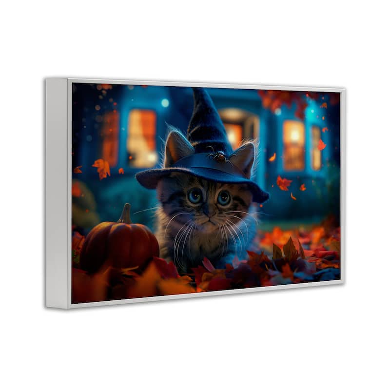 Stupell Halloween Witch Kitten & Pumpkin Framed Giclee Art Design By Wumples