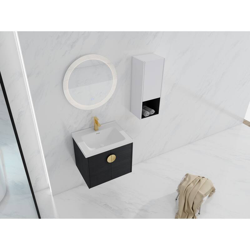 28" Floating Bathroom Vanity with Ceramic Sink, Soft-Close Doors, Wall-Mounted Side Cabinet, Black Chestnut