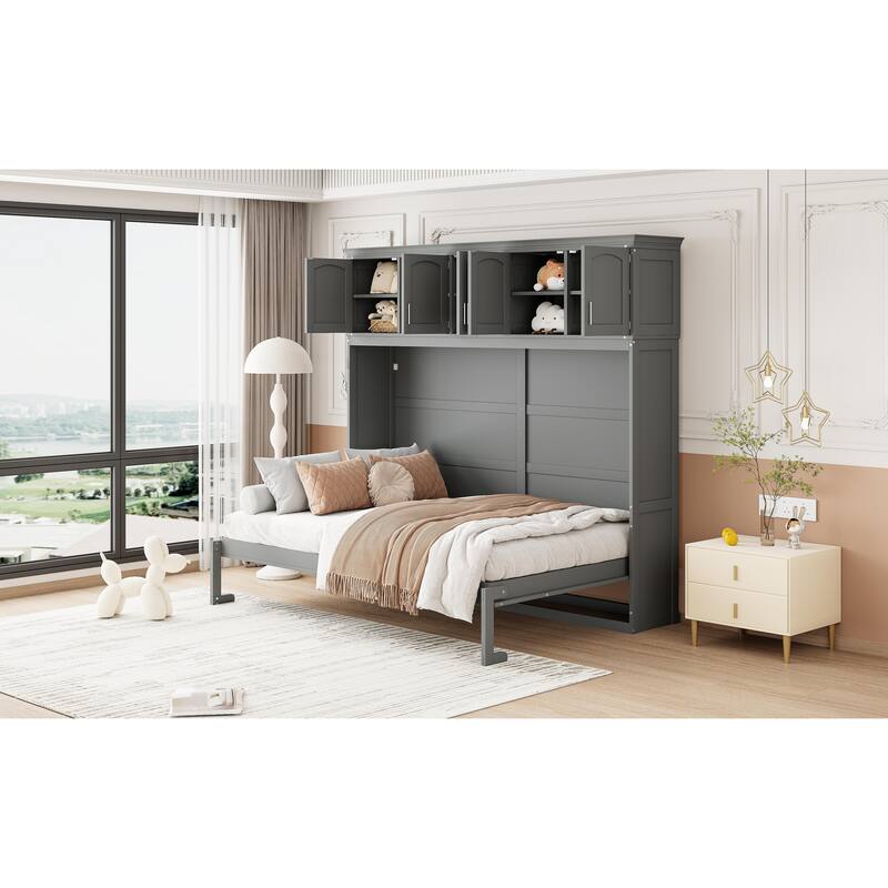 Queen Murphy Wall Bed with Top Cabinets Space Saving Design Easy Storage