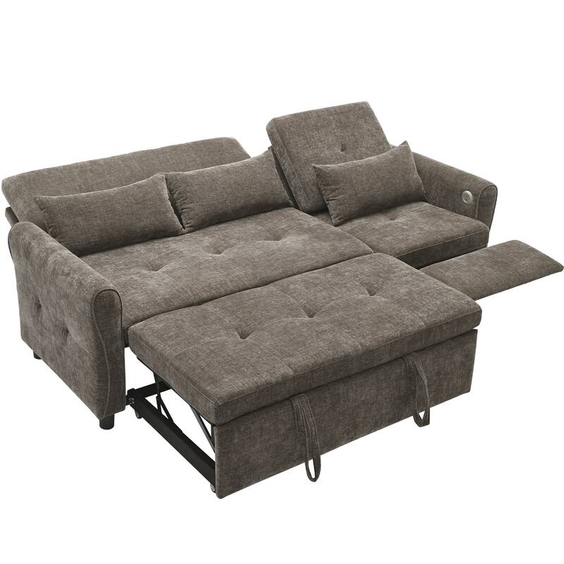 82" Chenille 2-in-1 Sofa Bed with Adjustable Backrest, Reversible Chaise, USB Charging Ports