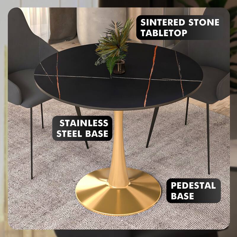 Bristol Round Dining Table 35 in. Sintered Stone Tabletop & Brushed Gold Stainless Steel Pedestal Base