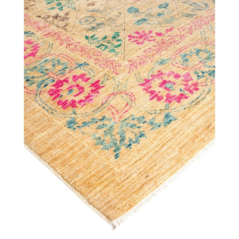 Overton Hand Knotted Wool Vintage Inspired Modern Contemporary Eclectic Beige Area Rug - 6' 5" x 8' 10"