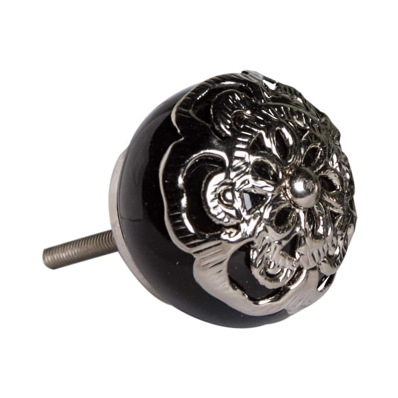 HomeRoots Set of Eight Black And Silver Ceramic And Metal Drawer Pull Knobs - 1.5' X '1.5' X '1.5