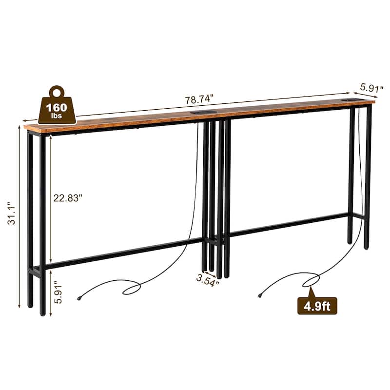 Metal Console Sofa Tables with Built-In USB and AC Ports Pack of 2 - 78.7 x 5.9 x 31.1 in