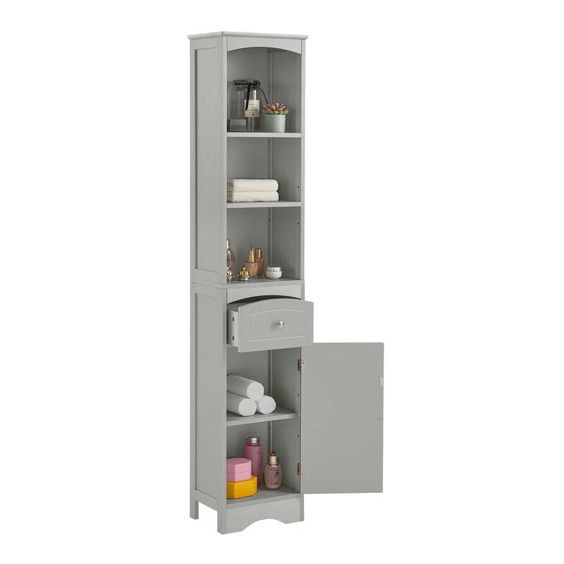 Tall Bathroom Storage Cabinet Grey Skinny Storing Unit Freestanding Linen Cabinet with Drawer and 5 Adjustable Shelves
