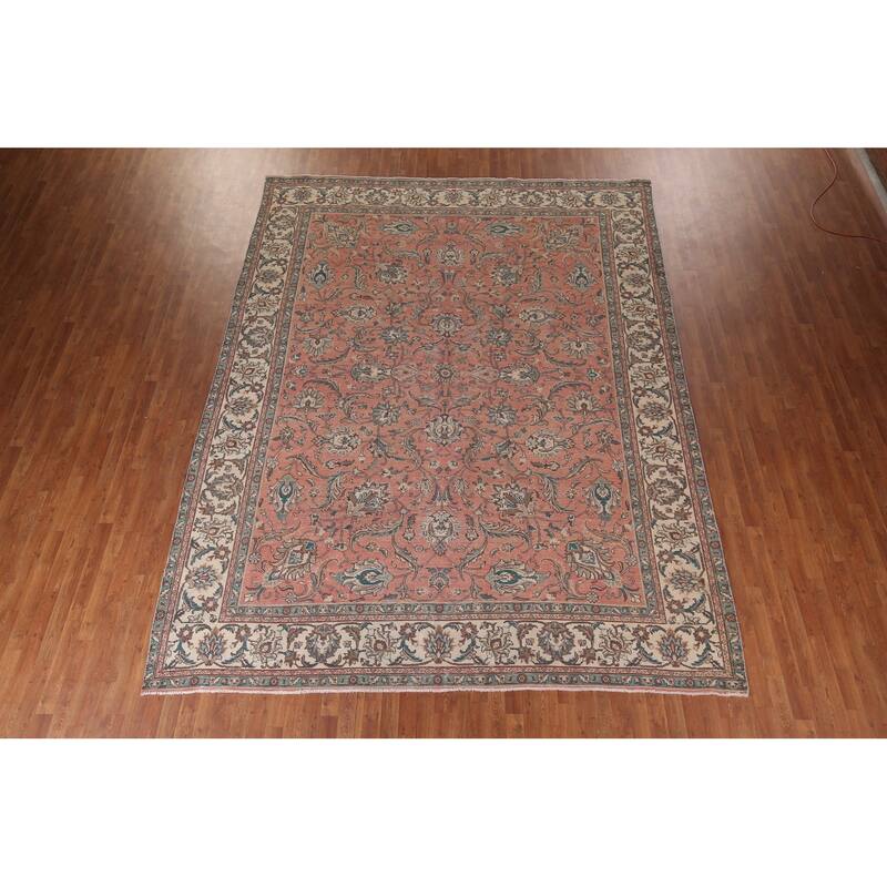 Pink Tabriz Persian Vintage Rug Hand-Knotted Oriental Wool Carpet - 9'9"x 12'10"