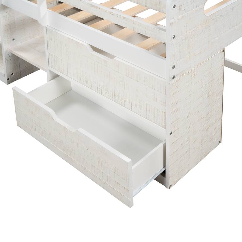 Twin Solid Pine Loft Bed with Shelves, Drawers, and Guardrail