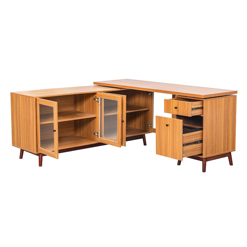 66.5" Large Office Desk with Drawers, Modern L-shaped Desk with Delicate Tempered Glass Cabinet Storage, Business Desk