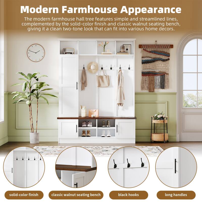 Versatile 3-in-1 Farmhouse Hall Tree with with 6 Hooks & Adjustable Shelves - Walnut Storage Benchr