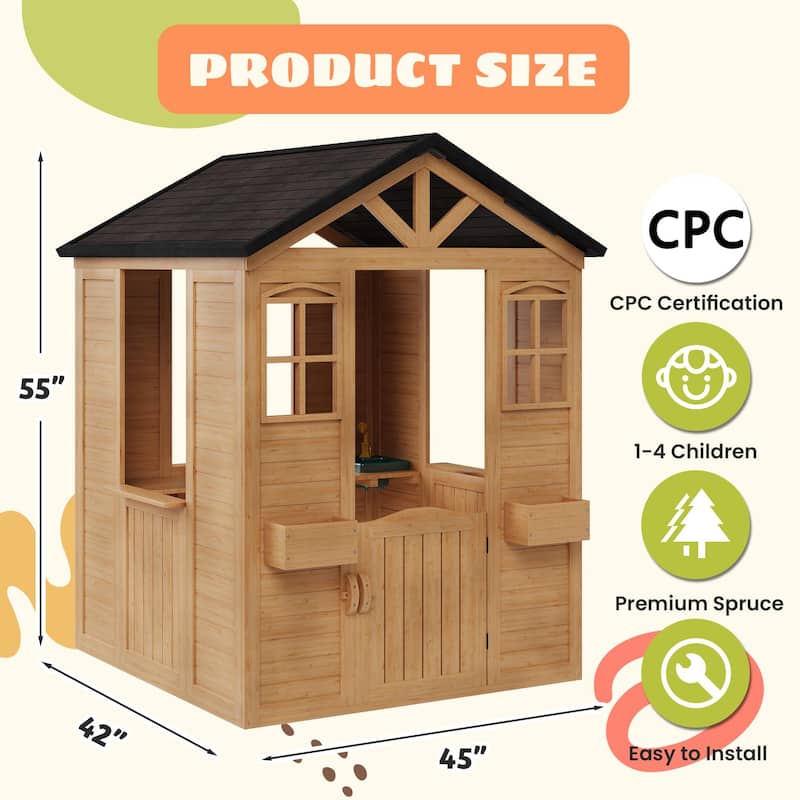 Wooden Adventure Cottage Playhouse for Kids with Working Door, Windows, Service Station, and Flower Pot Holders