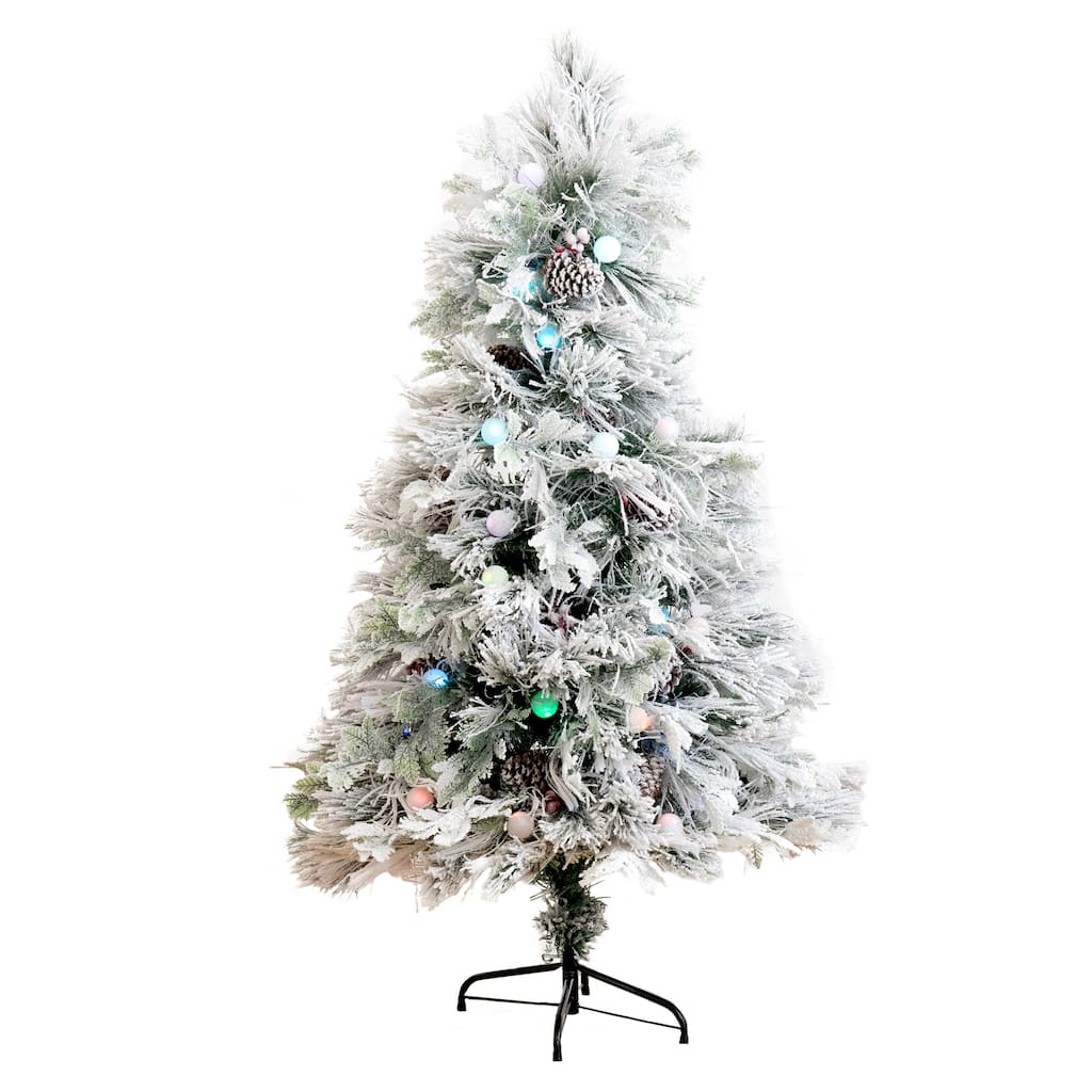 5' Pre-Lit Flocked Fiber Optic Artificial Christmas Tree, Multicolor LED Lights - 5 Foot