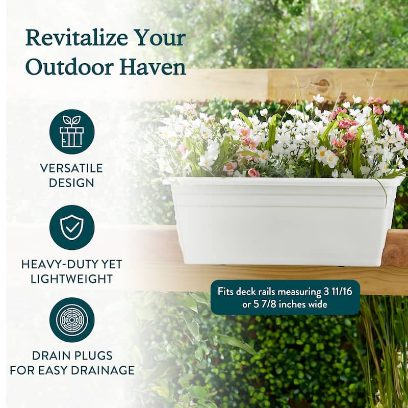 HC Companies Heavy Duty 24 Inch Deck Rail Box Planter with Drainage Holes, White - 1.4