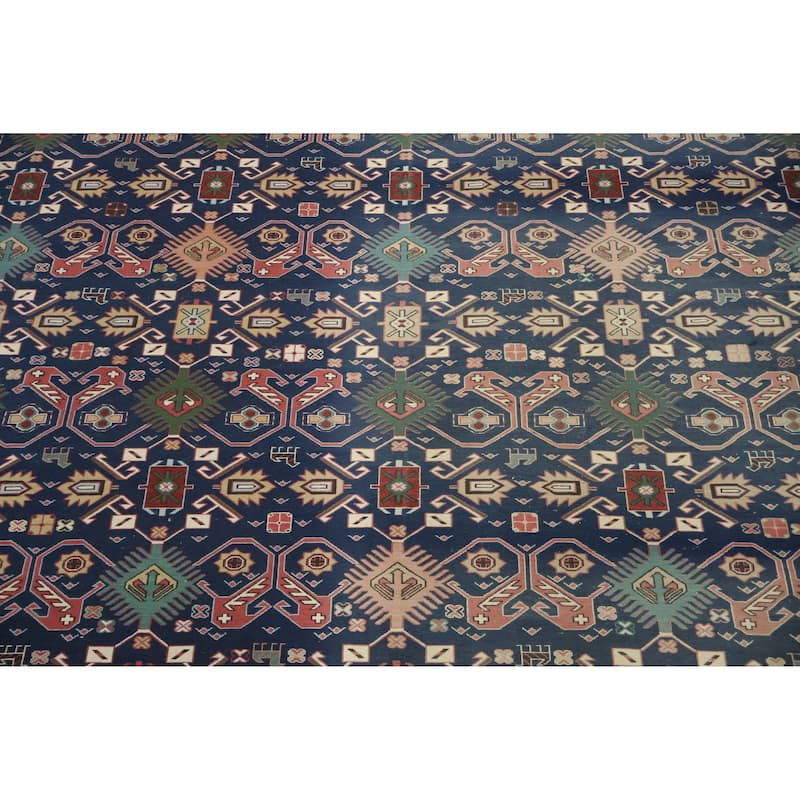 Hand Woven Oriental 100% Wool Carpet Traditional Geometric Navy Blue & Blues Sumak Area Rug - 14' 0'' X 10' 6''