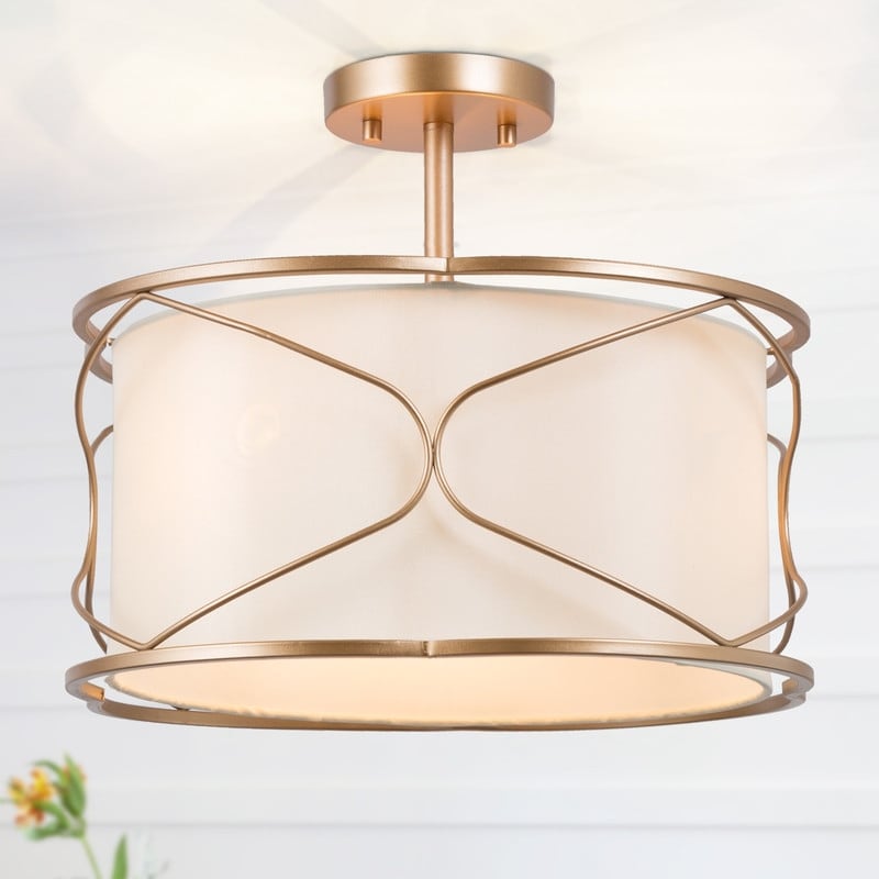 Modern Glam Farmhouse 3-light Semi-flush Mount Drum Fabric Ceiling Lights Hallway Bedroom Entryway - D16'' x H12.5''