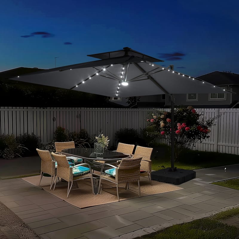 11FT Patio Cantilever Umbrella with LED Lights Double Vented Umbrella with Weighted Base
