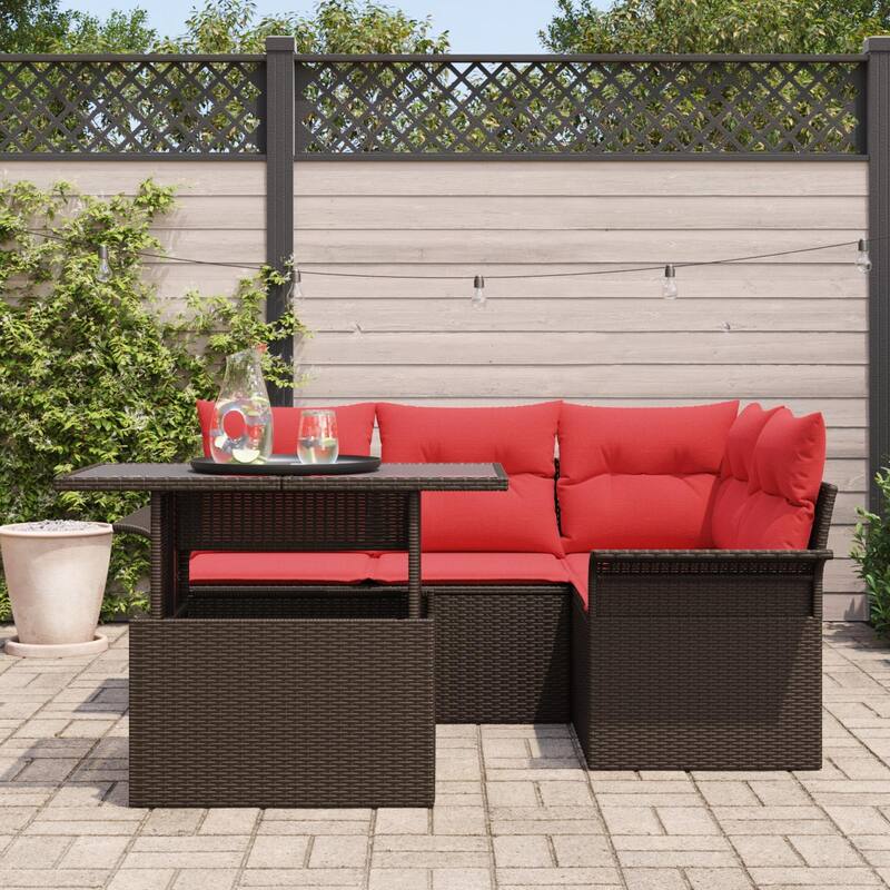 vidaXL 5 Garden Sofa Set with Cushions Brown/Grey Poly Rattan - 73.8 x 52.2 x 27.2