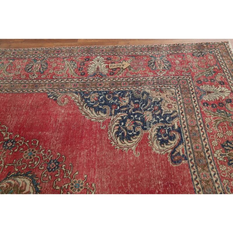Distressed Tabriz Persian Vintage Rug Hand-Knotted Wool Carpet - 9'6"x 12'10"