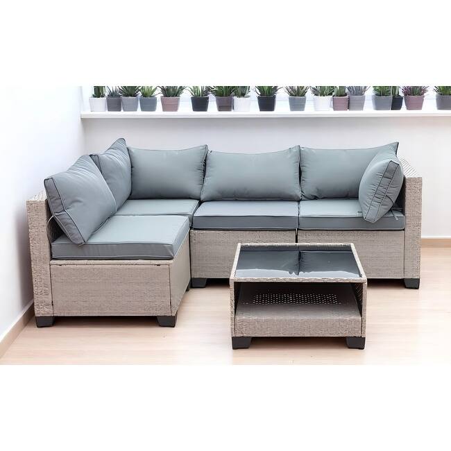 5-Piece Outdoor Patio Furniture Set with Cushions, Modular All-Weather Wicker Sectional Sofa, Rattan Conversation Set - Metal