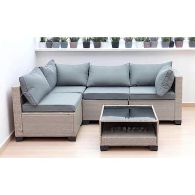 5-Piece Outdoor Patio Furniture Set with Cushions, Modular All-Weather Wicker Sectional Sofa, Rattan Conversation Set - Metal
