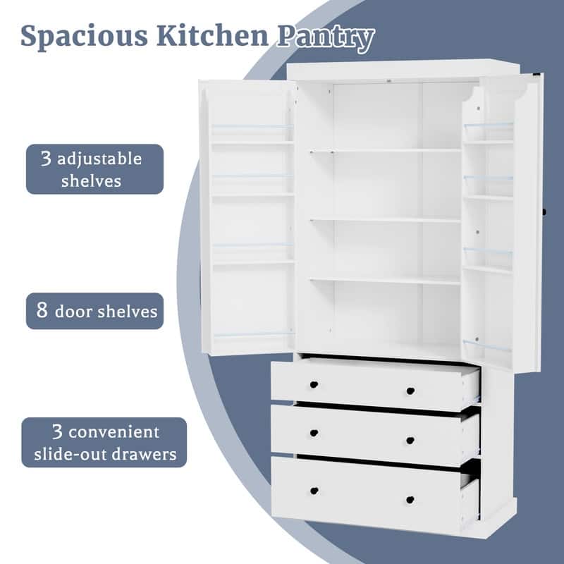 77" Farmhouse-Style Freestanding Pantry – Spacious Kitchen Storage Cabinet with 3 Adjustable Shelves, 8 Door Racks & 3 Drawers.