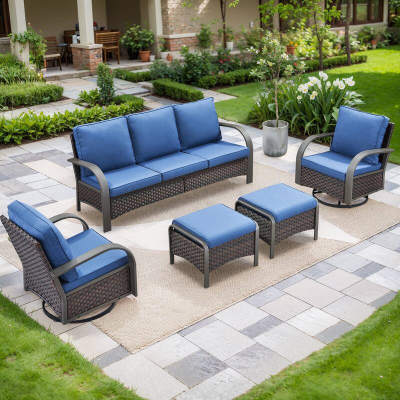 5 Pieces Sofa Swivel Rocker Glider Chairs with Ottomans - Blue Cushion - Brown