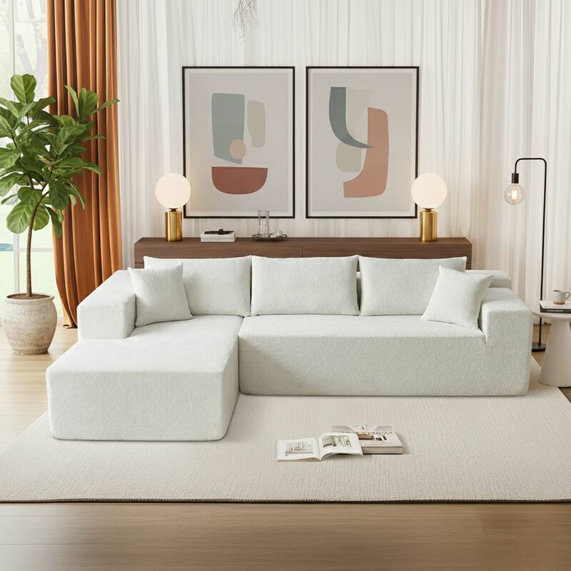 103.54" L-Shaped Modern High-Density Sponge Velvet Modular Sectional Sofa with Chaise & Pillows - Beige-Raindrop Velvet - Left Facing