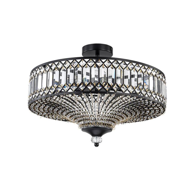 6 Light Matte Black Crystal Semi Flush Mount Ceiling Light Fixture - W19.6"