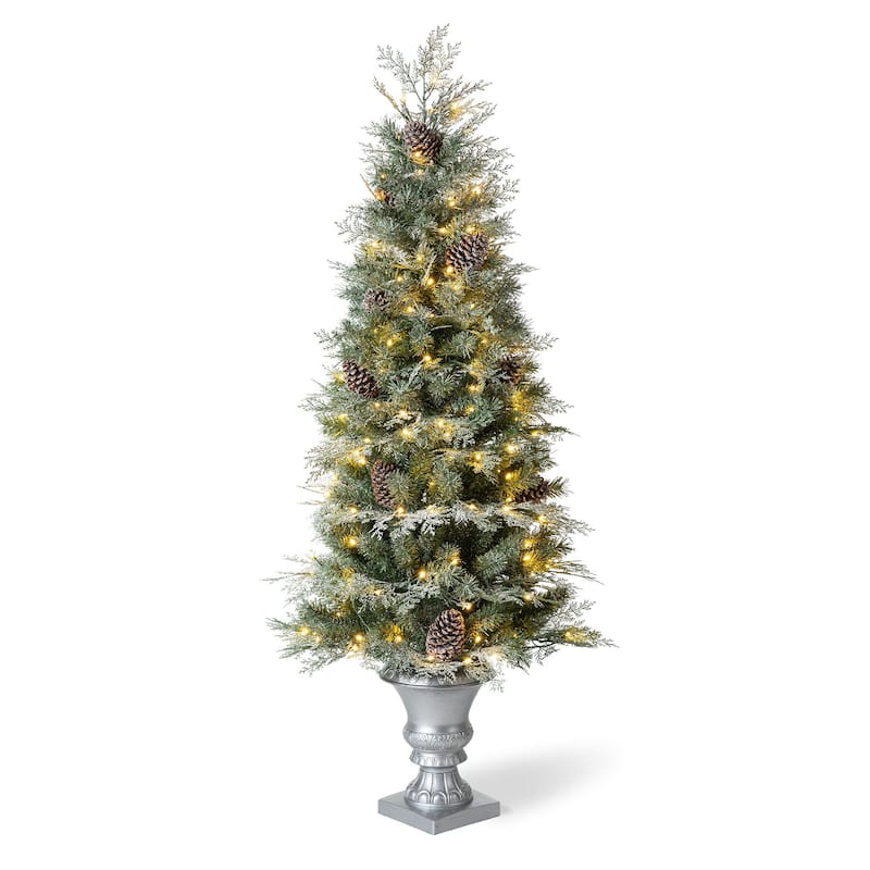 Glitzhome 4ft/5ft Pre-Lit Pine Artificial Christmas Porch Tree with Warm White Lights and Silver Pot