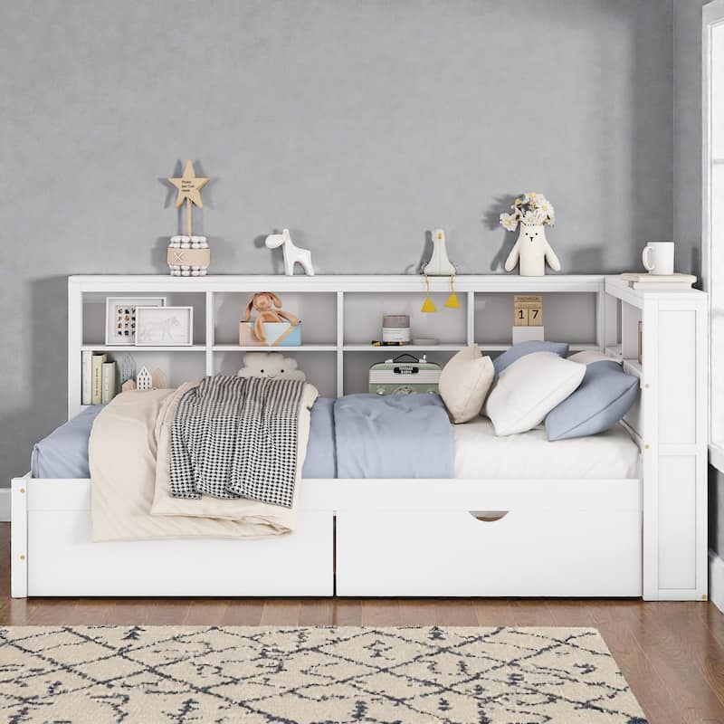 Full Size Wooden Daybed with 2 Storage Drawers, USB Charging Ports, Double-Layer Shelf, Sturdy Slatted Support