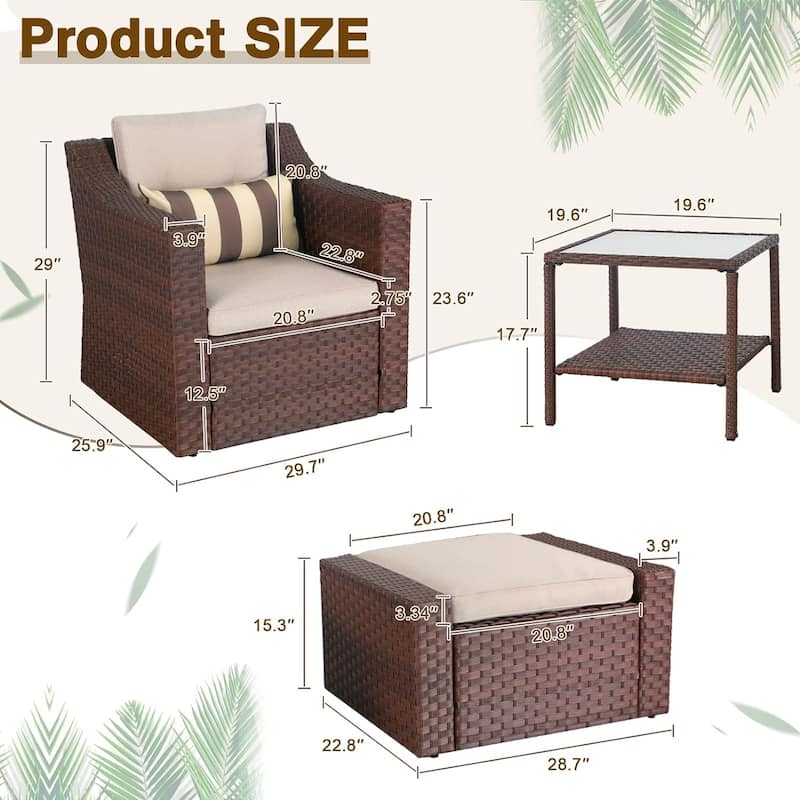 5-piece Outdoor Patio Wicker Lounge Chair and Ottoman Conversation Set
